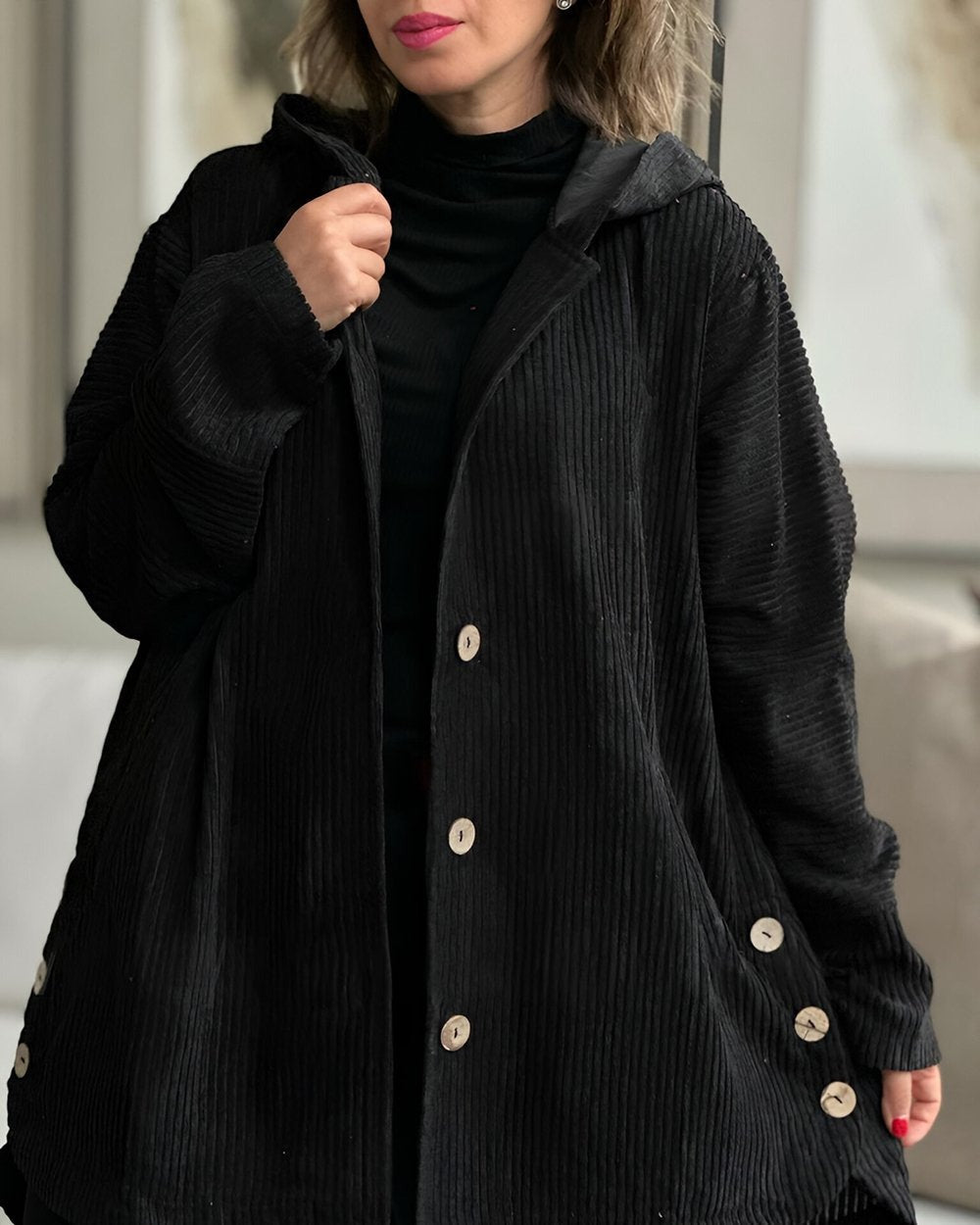 Cordia | Women's Oversized Corduroy Hooded Jacket with Buttons