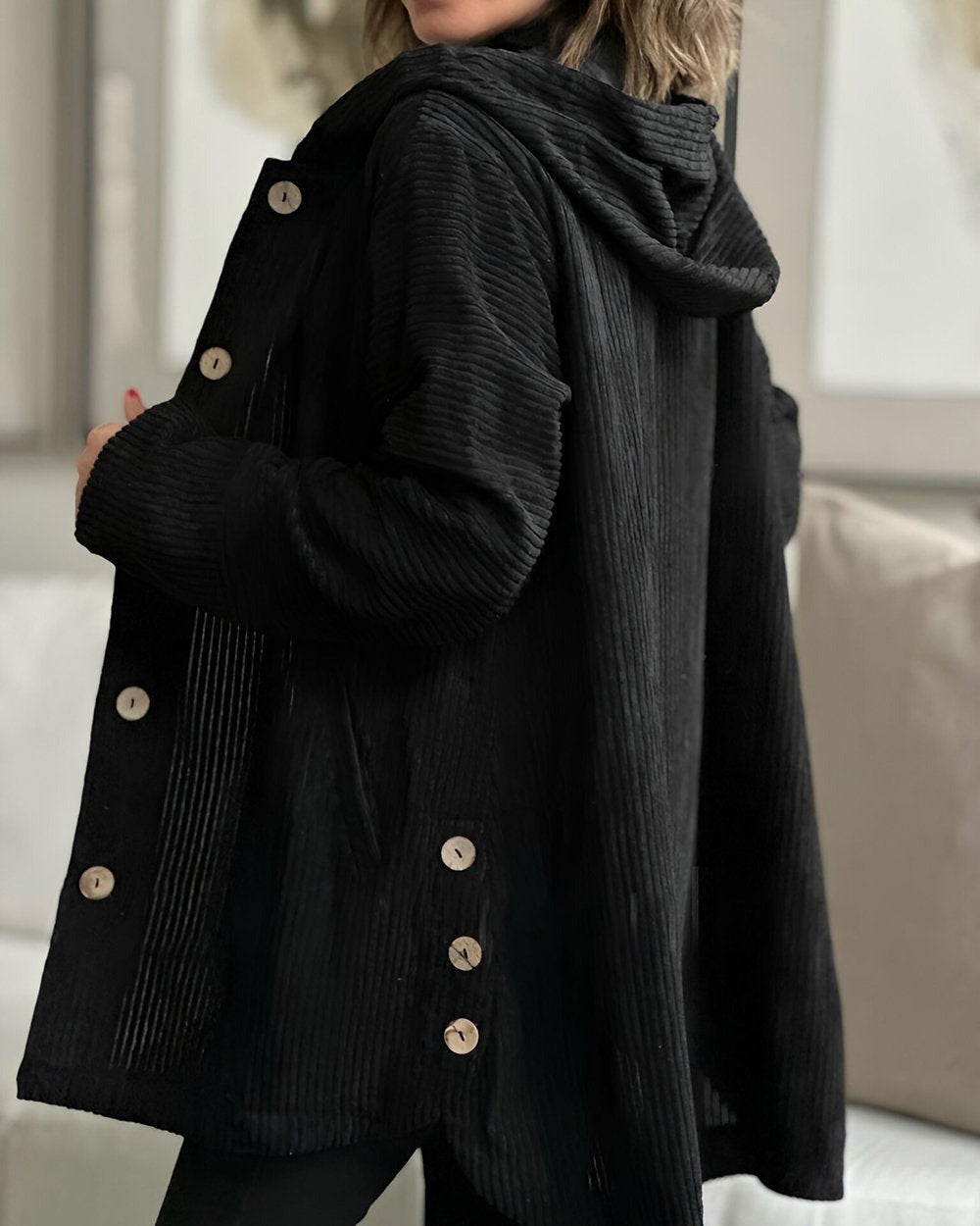 Cordia | Women's Oversized Corduroy Hooded Jacket with Buttons