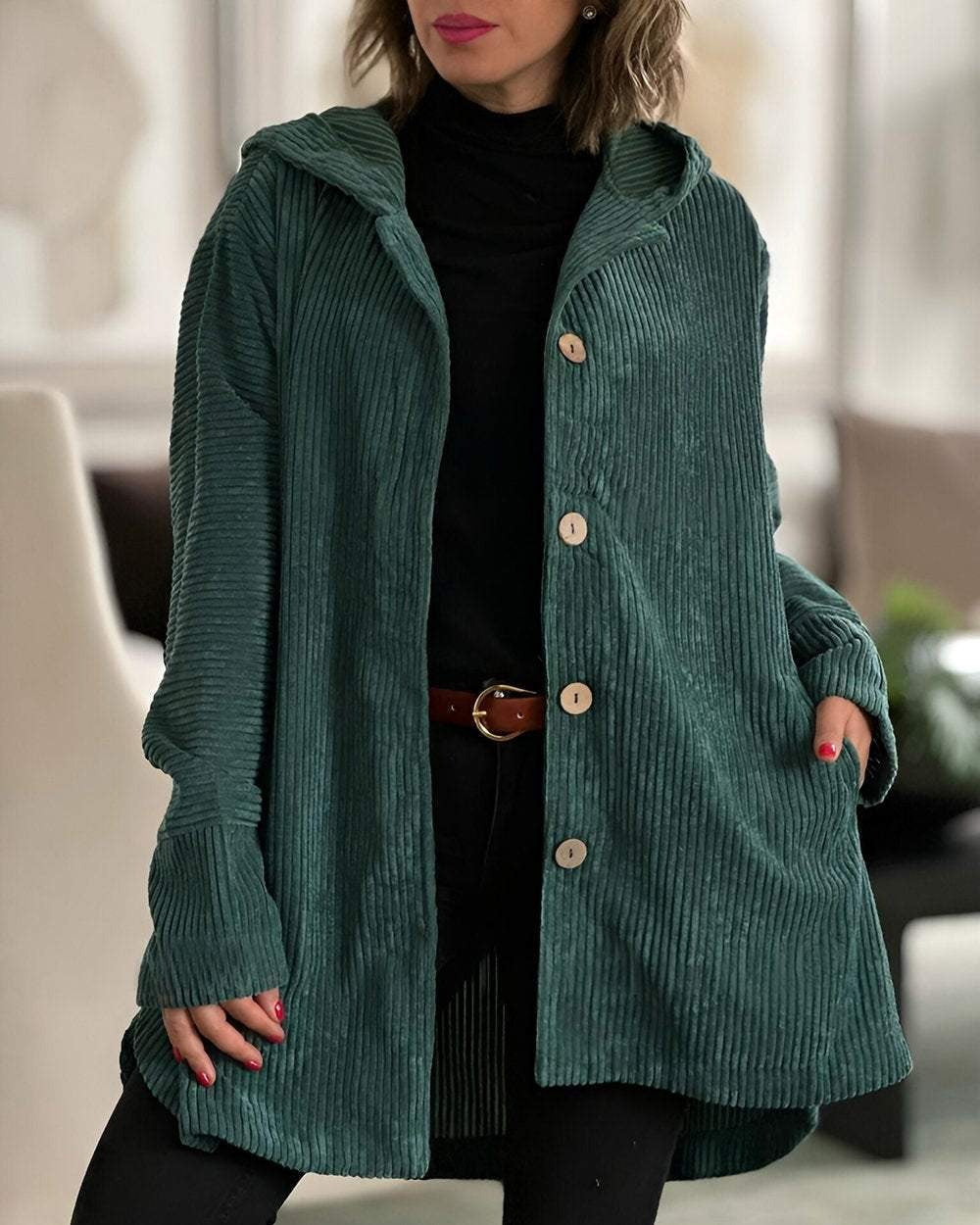 Cordia | Women's Oversized Corduroy Hooded Jacket with Buttons