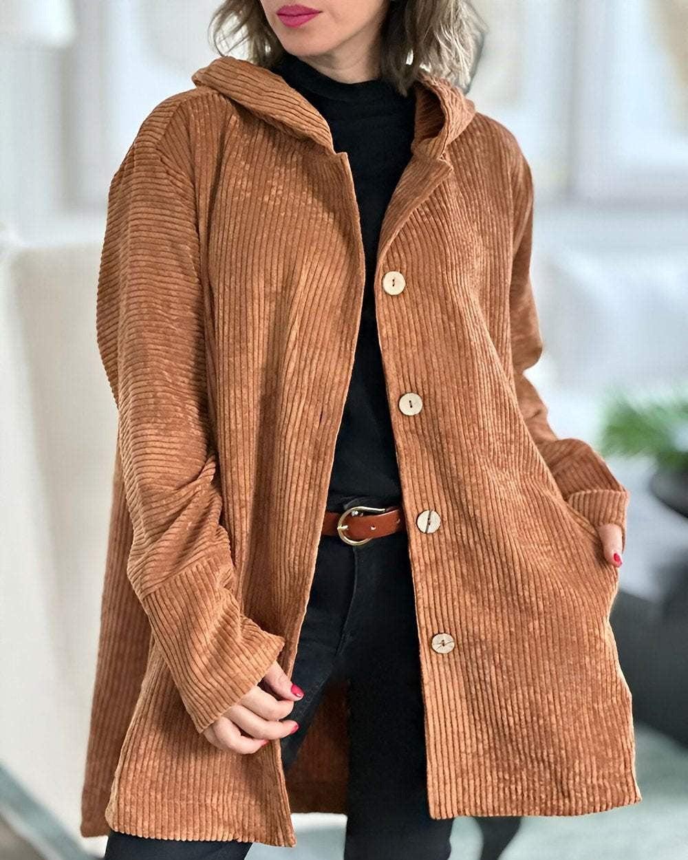 Cordia | Women's Oversized Corduroy Hooded Jacket with Buttons