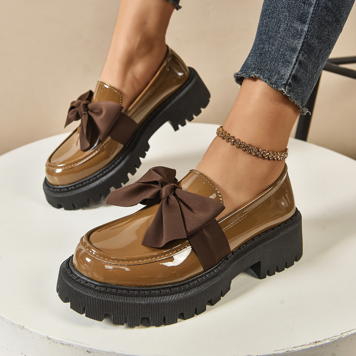 Fuli | Elegant Solid Color Bowknot Slip-On Loafers